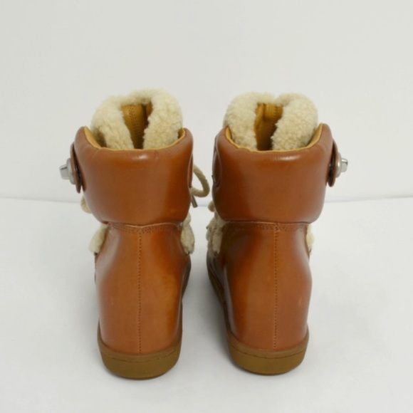 Authentic Coach Brown Leather Shearling Lace-Up Wedge Booties Boots 9 - Picture 6 of 12